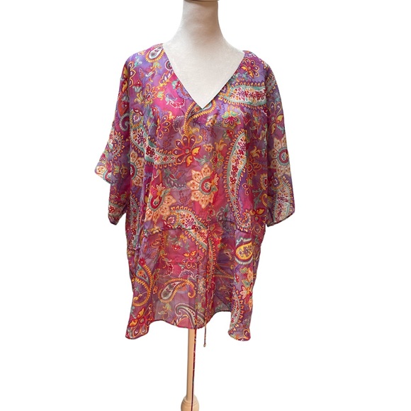 Chaps Purple with Multi-Color Abstract Floral Print Short Sleeve V-Neck Tie Top - Picture 2 of 13